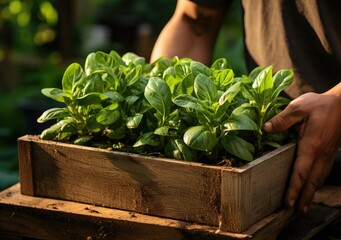 Young farmer with freshly picked Spinach in basket. Hand holding wooden box with vegetables in field. Fresh Organic Vegetable. AI Generative.