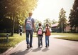 © peacehunter - back to school children with backpack and father, Father and daughter going to school for the first time. AI Generative.
