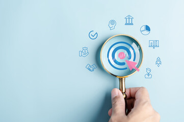 Aufkleber - Magnifier glass focus to target objective with business icons. planning development leadership and customer target group concept.