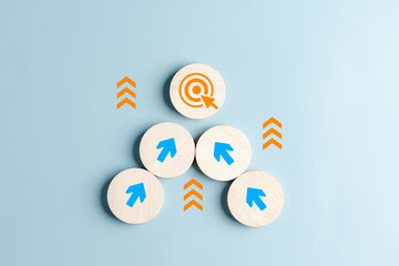 Poster - Business growth success achievement concept, arranging wooden block stacking as step stair or ladder for planning development leadership and customer target group concept.