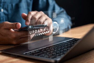 Poster - Update software and installing new version system in computer. Man upgrade program, Business technology internet loading bar with installing the update for the quality better...