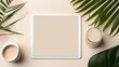 Modern eco friendly desktop with zero waste stationary and tablet mockup. Comfortable working space, sustainable life style concept. Top view, flat lay
