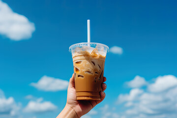 Hand holding iced coffee in a plastic cup with a blue sky and cloud background