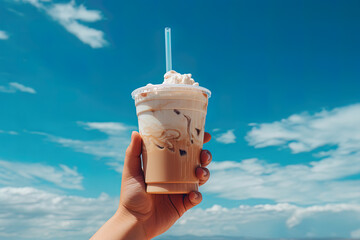 Wall Mural - Hand holding iced coffee in a plastic cup with a blue sky and cloud background