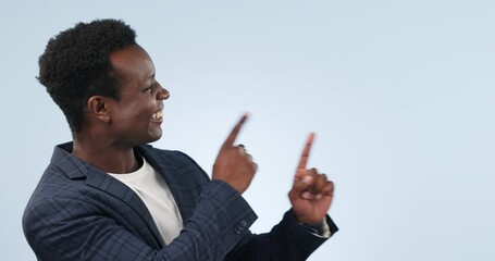 Poster - Portrait, pointing and black man in studio with smile, mockup and guide to corporate career opportunity. Businessman, consultant or manager with confidence, presentation and happy on blue background.