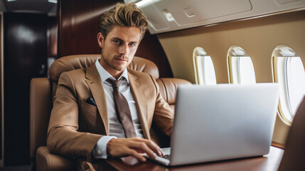 Businessman on private Jet, Handsome businessman in suit using laptop in private plane.