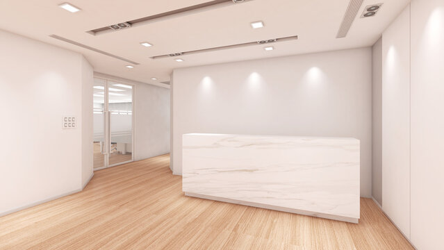 Entrance hall, office area in reception area, white room, wooden floor