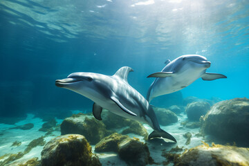 Wall Mural - Dolphins swim the seabed