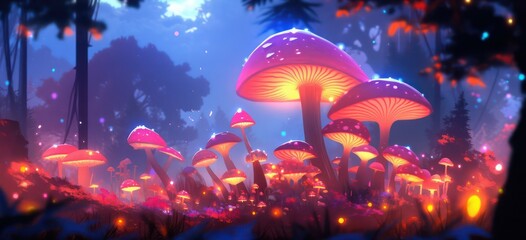 Wall Mural - Colorful glowing mushrooms in a mystical forest in digital art painting concept 