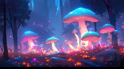 Wall Mural - Colorful glowing mushrooms in a mystical forest in digital art painting concept 