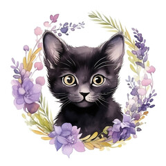  Watercolor illustration of cute happy baby black kitten in floral circle frame isolated on white background. Digital illustration generative AI.