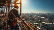 © sirisakboakaew - an engineer technician watching a team of workers on a tall steel platform. Engineer technicians are looking at and analyzing unfinished construction projects.