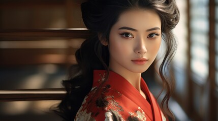 Wall Mural - A Beautiful young Japanese woman in a traditional costume