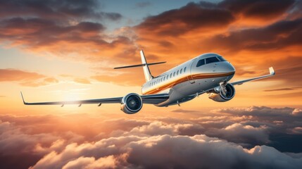 Fototapete - Private jet flying in the blue sky with white clouds in the background. Sunset light business travel concept