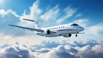 Fototapete - Private jet flying in the blue sky with white clouds in the background. Sunset light business travel concept