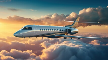 Fototapete - Private jet flying in the blue sky with white clouds in the background. Sunset light business travel concept