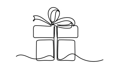 Wall Mural - Continuous one line of Christmas, and birthday gift box in a single line.Birthday symbol. suitable for cards, party invitations, posters, stickers, and clothing.Vector isolated on white.
