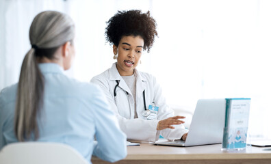 doctor, woman and computer for healthcare support, hospital services and patient history, charts or 
