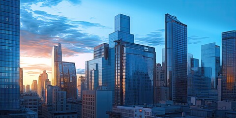 Poster - urban ascent. modern business hub. glass towers and corporate power. city skyline. architectural mar