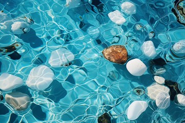 White pebbles on the surface of water in the pool. Underwater panorama of the sea with stones and ice floes. Stones on the surface of the water in the pool. Nature background.