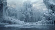 A Frozen Waterfall With Intricate Ice Formations, Creating A Stunning Centerpiece In A Winter Wonderland.