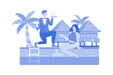 Wall Mural - Beach resort staff serving poolside drinks.