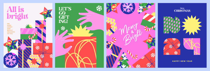 Wall Mural - merry christmas and happy new year greeting card set. modern xmas design with beautiful geometric an