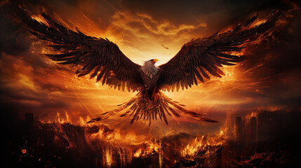 Wall Mural - An eagle open their firey wing with blured fire background