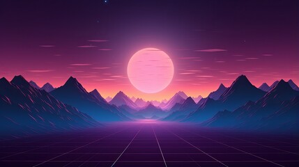 Wall Mural - trendy neon synth wave landscape with sunset sky, road, and mountains - retro abstract background