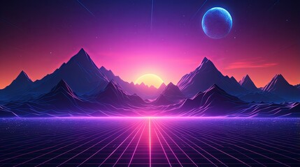 Canvas Print - trendy neon synth wave landscape with sunset sky, road, and mountains - retro abstract background