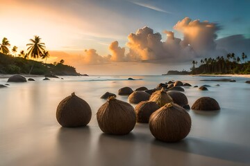 Wall Mural - coconut on the beach at sunset