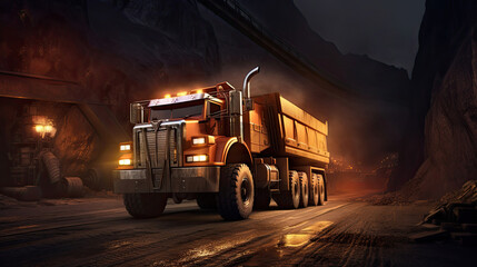 Large quarry dump truck in coal mine at night. Loading coal into body work truck. Generative Ai