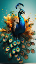 A Peacock With Feathers Spread Out On A Blue Background With Yellow And Orange Colors On Its Feathers