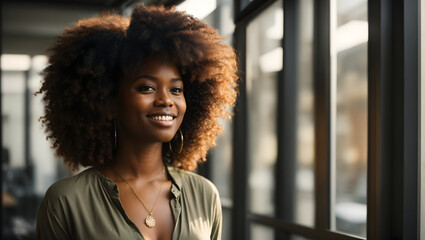 Wall Mural - portrait of a black woman with an afro hairstyle standing by a window in an office
