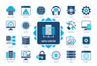 Data Center icon set. Server, Storage, Maintenance, Security, Configuration, Monitoring, Network, Software. Duotone color solid icons