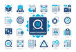 Market Research icon set. Branding, Survey, Statistics, Customer, Analysis, Product, Focus Group, Evaluation. Duotone color solid icons