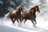 Horses winter field forest. Active landscape. Generate Ai