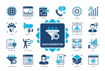 Poster - Lead Generation icon set. Call to Action, Cold Calls, Channels, Direct Traffic, Internet, Events, Interest, Referrals. Duotone color solid icons