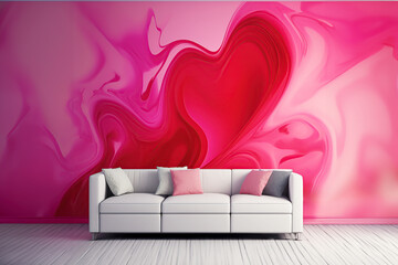 Wall Mural - White sofa with pillows near the wall painted with heart and pink waves. saint valentines day interior design