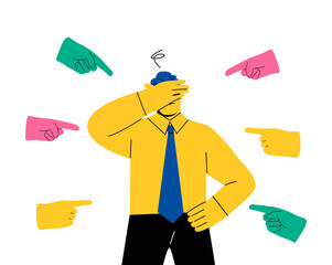 Sad or depressed business man surrounded by hands with index fingers pointing at him. Public censure and victim blaming. Flat vector illustration isolated on white background