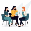 Flat illustration, one male manager having a discussion with two women in office, no background