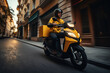© Nanci - Courier on scooter delivering food to home. Fast shipping of goods to customers. Generative AI