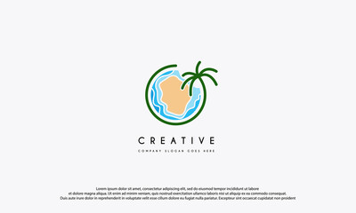 Wall Mural - Island, Beach logo design with coconut tree vector illustration. Beach holiday flat logo isolated on white background