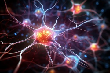 Wall Mural - neuron cells neural network under microscope neuro research science brain signal information transfe