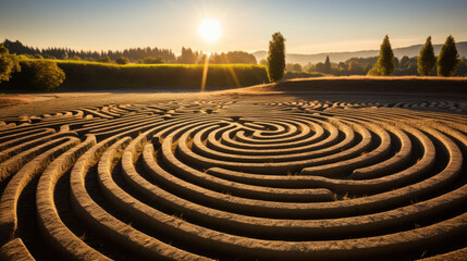 Sunset Over Circular Labyrinth Landscape
