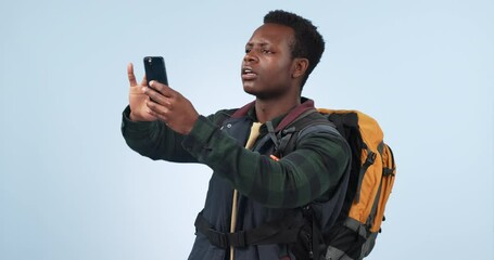 Poster - man, phone and problem for hiker with connection fail in mockup. frustrated black person, search for