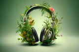 Tropical nature music headphones garden. Chair smile. Generate Ai