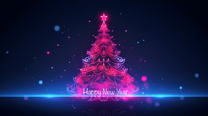 Wall Mural - Happy New Year party poster design with neon color Christmas tree and text Happy New Year on dark background with neon bokeh and copy space. Luminosity xmas  decoration.
