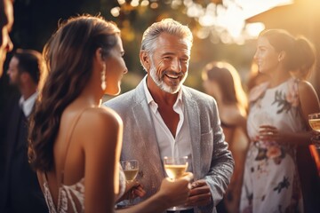 A group of cheerful adults, including businessmen, enjoy drinks and laughter at an outdoor party.