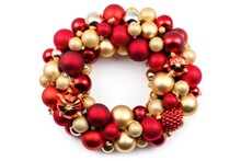 Festive Christmas Wreath With Red And Gold Balls On A White Background, Perfect For Holiday Celebrations And Decor.